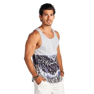 21 Men Tank Solid Top Print Bottom Cotton Gray M